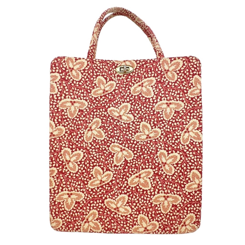 Vintage Tote Bag  Margaret Smith Mid Century Modern Red Tan Clasp Floral Leaves